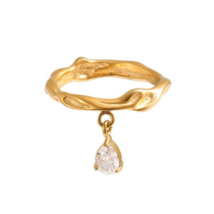 Stainless Steel 18K Gold Plated Hammered Texture <b>Ring</b> Dangling Teardrop Zircon Charm Vintage <b>Statement</b> Finger <b>Ring</b> For Women - Product Image 1