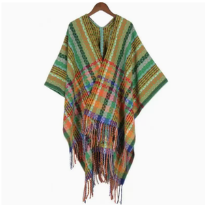 NOUVEAU 2025 Cape Poncho Châle pour Femme en Acrylique Tricoté Style Chinois Rétro <span class=keywords><strong>Ethnique</strong></span>, à Franges, Chaud, Motif Carreaux, pour l'Hiver et les Voyages - Product Image 5