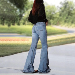 Women's Wide Leg High <b>Elastic</b> Embroidered <b>Jeans</b> Light Blue European And American Sizes S M L XL XXL - Product Image 2