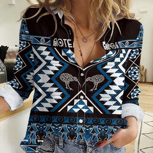 Motivo personalizzato Aotearoa Taniko <span class=keywords><strong>camicia</strong></span> blu Casual da <span class=keywords><strong>donna</strong></span> Waitangi Kowhaiwhai floreale Kiwi Vintage bottone traspirante autunno - Product Image 1