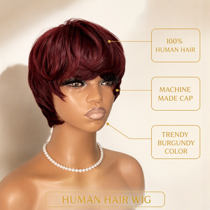 Perruque <span class=keywords><strong>courte</strong></span> ondulée bordeaux en cheveux humains naturels, <span class=keywords><strong>coupe</strong></span> pixie, fabriquée à la machine, bonnet intégral, pour femmes, vente en gros - Product Image 2
