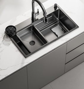 Évier de cuisine moderne noir 5,0 mm en SUS304, grand bac unique avec double siphon et revêtement anti-condensation - Product Image 2
