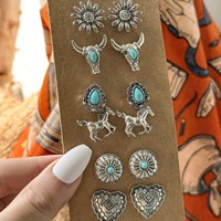Ensemble de boucles d'oreilles cloutées pour femmes, style western vintage, motif tête de taureau turquoise et croix en forme de cœur, pour cowgirls, bijoux