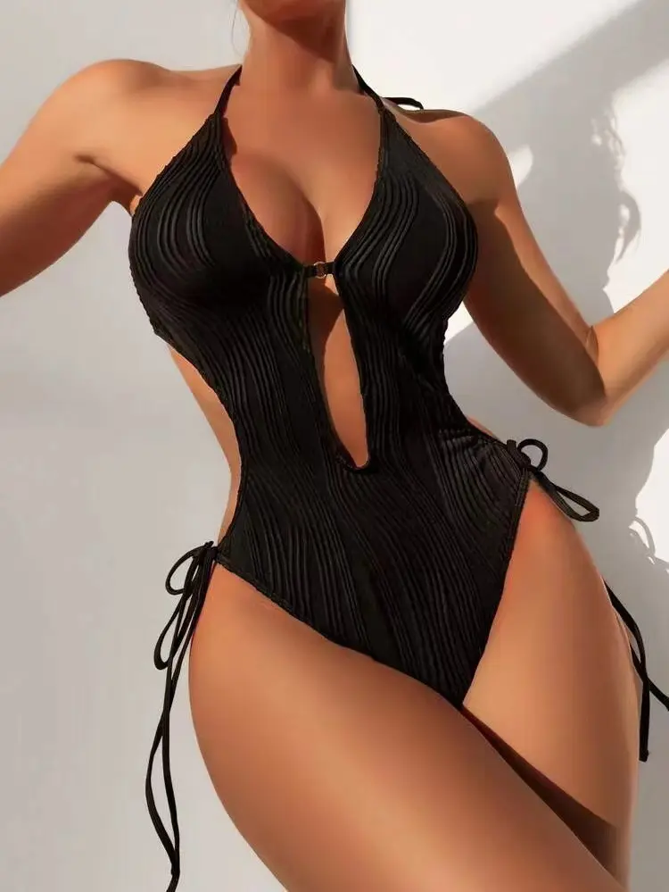 2024 European Style Solid Color Backless Hollow Hanging Neck Bikini Tie Thin Beach Sexy One Piece Swimsuit