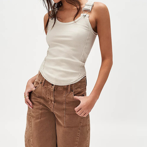 Channel 2026 Débardeur côtelé à boucle pour <span class=keywords><strong>femme</strong></span>, col rond, sans manches, coupe ajustée chic, style Y2K vintage grunge pour adolescentes - Product Image 1