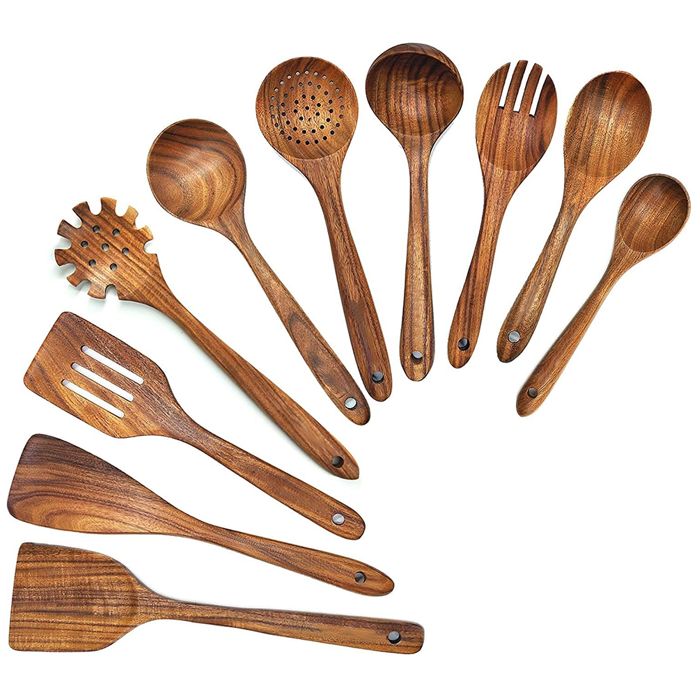 Wooden Kitchen Cooking Tools and Utensils Set Wood Spatula Soup Ladle Slotted Ladle Pasta Spoon Kitchen Accessories