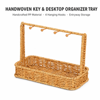 Plateau de rangement d'entrée en rotin synthétique PP tissé à la main avec 4 crochets en bois pour clés, bijoux et articles divers de bureau