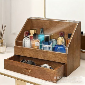 Wooden Storage <b>Box</b> With Drawer Dust Cover For Watches Glasses <b>Makeup</b> Organizer Brown Solid Wood Dressing Table Organizer - Product Image 1