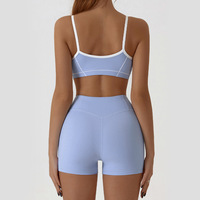 Conjunto Deportivo de 2 Piezas para Mujer: Sujetador Deportivo con Tirantes Finos y Bloques de Color, y Shorts de Ciclismo de Cintura Alta con Efecto Levanta Glúteos, Elástico y Sin Costuras