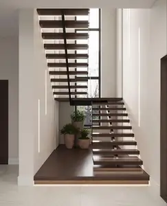 Modern Design Indoor Straight Glass Railing LED Staircase Solid Wood Treads Floating Steel Wood Stairs