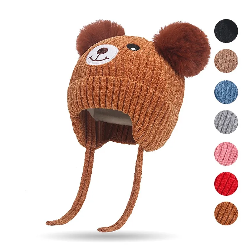 Yiwu Allo Cartoon Bear Protection Baby Skull Warm Knitted Winter Beanie Hats For Kids