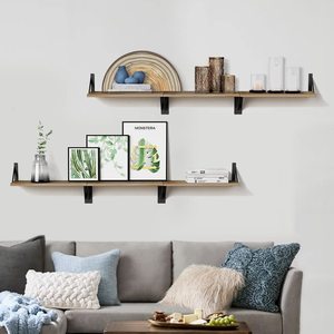 Estantes Flotantes <span class=keywords><strong>de</strong></span> <span class=keywords><strong>Madera</strong></span> Clara con Soportes Metálicos Negros, Librería <span class=keywords><strong>de</strong></span> Pared para Dormitorio, Sobre el Escritorio o la Cama, Gran Venta - Product Image 5