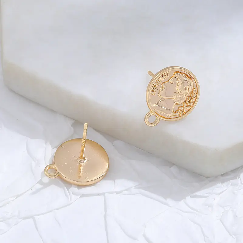 Quality 18K Gold Plated Beauty Head Circle Shape Earrings Studs With Loop Linker Connector For DIY Jewelry Accessories