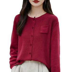 Suéter de Punto para Mujer, Cuello Redondo, Manga Larga, con Bolsillo, Corte Holgado, Transpirable, Estilo Artístico, 100% Algodón - Product Image 2