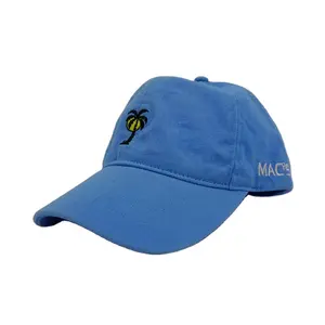 new style sky blue washed cotton soft touch sport cap with coconat tree embroidery