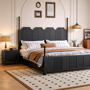Premium <b>Black</b> Solid Wood <b>Bed</b> Frame French Vintage Wave Panel Carved Headboard Turned Post Bedroom Furniture Stable Home Wooden D - Product Image 3