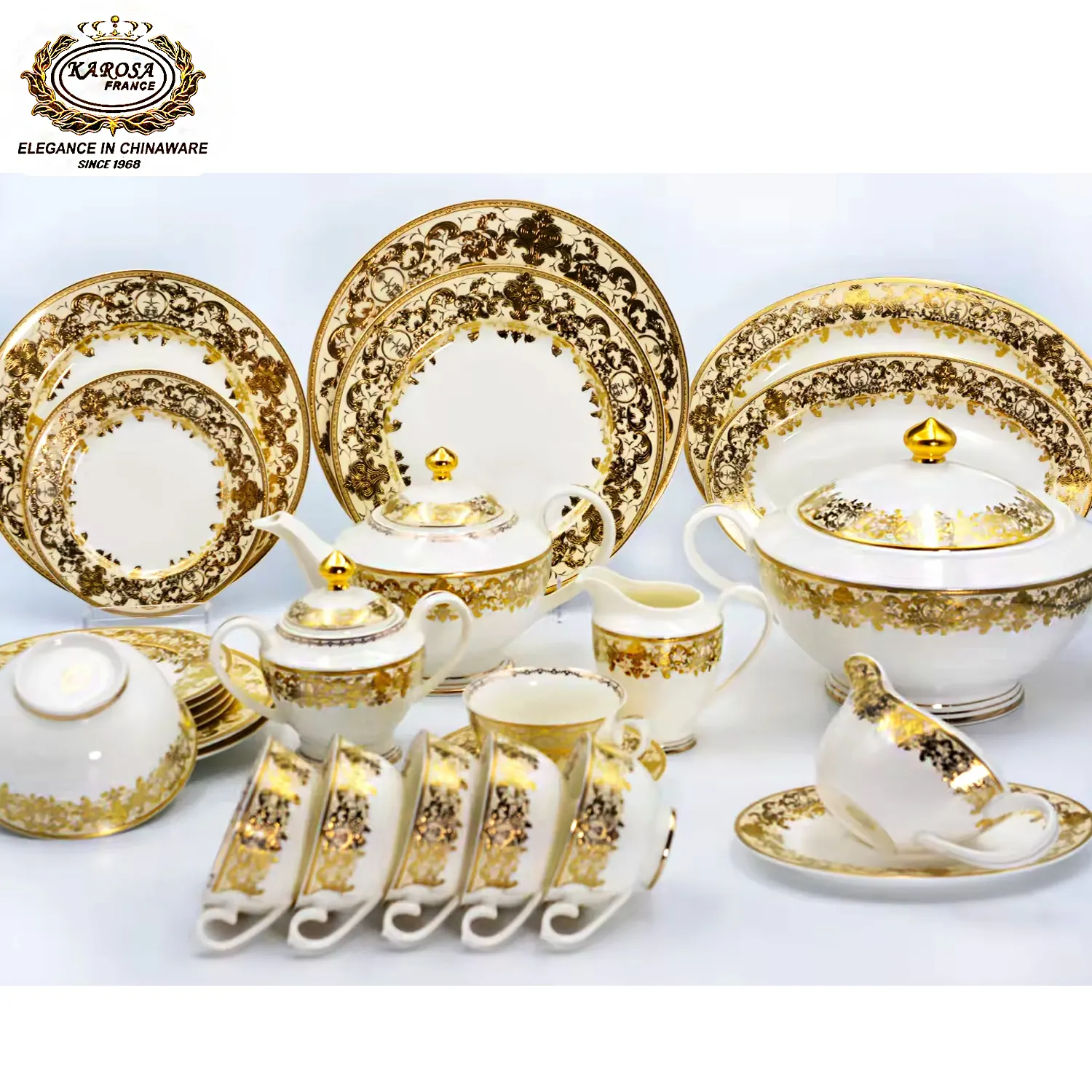 98 Uds. Decoración de oro puro en relieve de alta calidad, vajilla de porcelana china de hueso de estilo real, juegos de cena