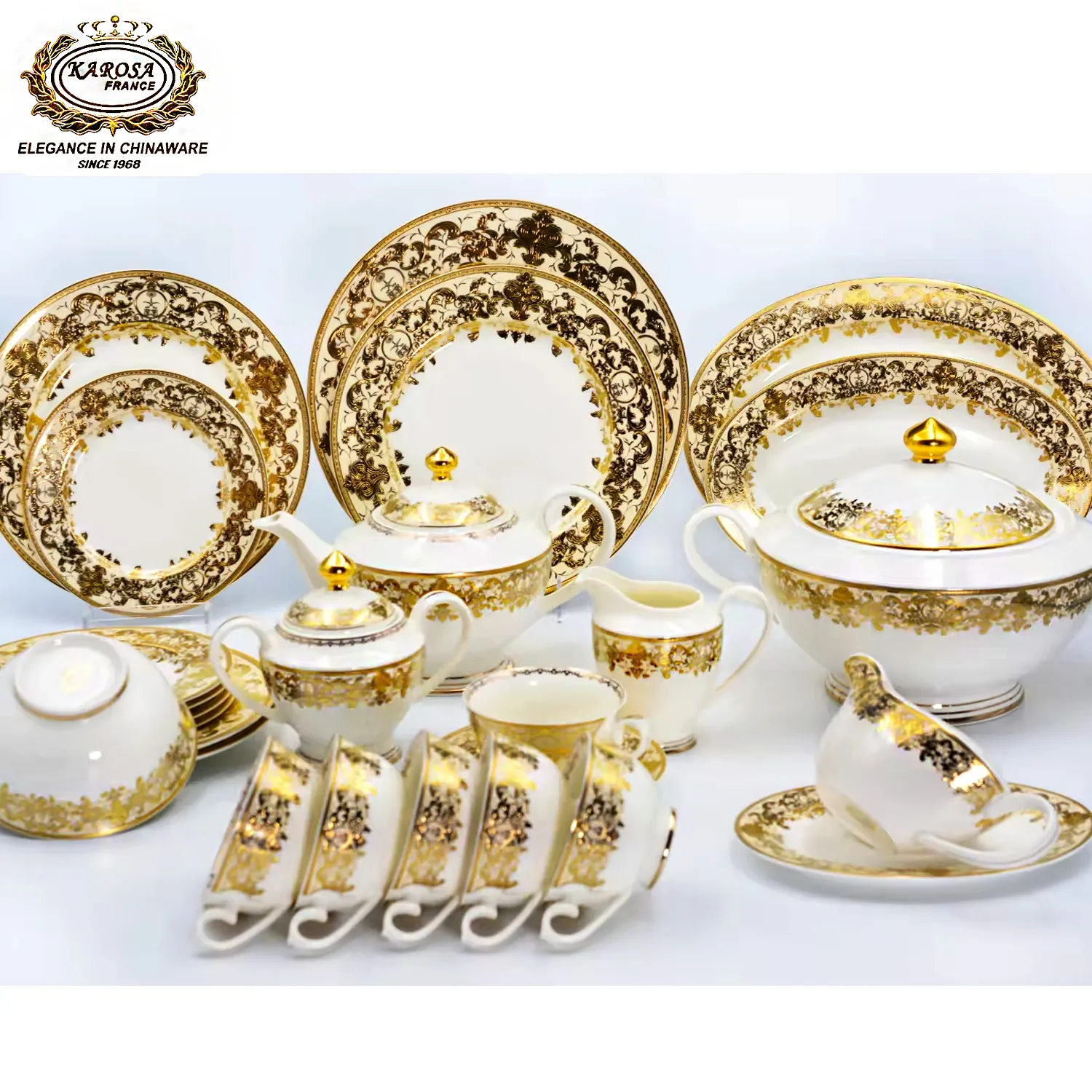 98 Pcs Hight Quality Embossed Pure Gold Decoration Royal Style Porcelain Bone China Tableware Dinnerware Dinner Sets