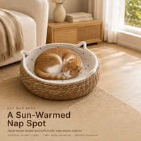 Panier pour chat en corde de coton tissé à la main, rond et solide, avec oreilles, confortable, lavable, pour chats et petits chiens