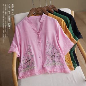 Chinese Style Linen Shirt Women Short Sleeve V Neck Embroidered Loose Blouse Everyday Wear Green Yellow Pink Black - Product Image 3