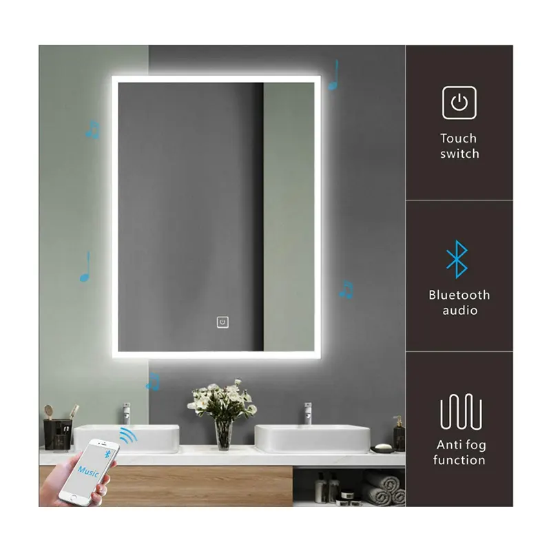 Customized anti-fog wall mounted magnifying makeup mirror led light smart mirror with speaker