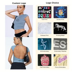 Camiseta personalizada, camiseta Sexy sin espalda, camisetas ajustadas recortadas de algodón de alta calidad para chica, camisetas bordadas de fábrica para mujer en blanco, camisetas sexuales - Product Image 3