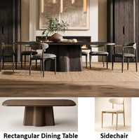 Ensemble de salle à manger rectangulaire en bois massif Wabi-Sabi avec base cannelée et chaises en tissu de luxe léger pour la conception de villas et d'hôtels haut de gamme