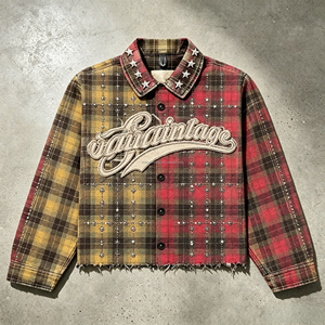 T-shirt court personnalisé à manches longues avec broderie de strass en forme de losange, T-shirt déchiré, Chemise en flanelle à carreaux boutonnée pour homme - Product Image 1
