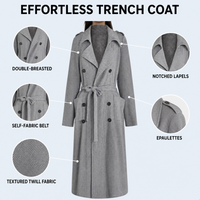 Manteau long en laine surdimensionné pour femmes grandes tailles, à double boutonnage, ceinturé, à revers, pour l'hiver, vêtements d'extérieur amples pour femmes