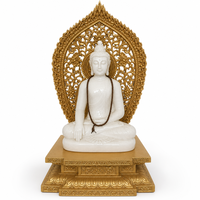 Statue de Bouddha sculptée à la main en marbre blanc avec halo doré et base en lotus, sculpture de Shakyamuni, décoration d'autel de temple ou de maison pour la méditation