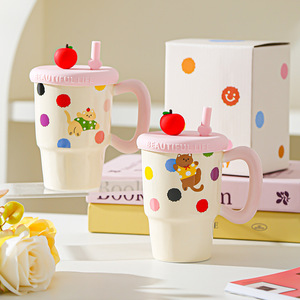 Kawaii Cat Coffee <b>Mug</b> Polka Dot <b>Ceramic</b> <b>Mug</b> with Lid and Straw - Product Image 1