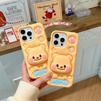 Casing Handphone Silikon Lembut Motif Kartun Beruang Mentega dengan Stand, Casing Handphone Lucu untuk Apple iPhone 15 14 13 12 Pro Max 11