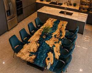 Table à manger en bois naturel et résine époxy, faite à la main, mobilier moderne de luxe, table à manger personnalisée, design unique en résine pour la maison - Product Image 2