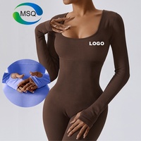 Combinaison personnalisée avec logo pour femmes, body sexy, combinaison de sport, combinaison de yoga, combinaison à manches longues en tricot côtelé pour le printemps et l'automne, playsuits, bodysuits