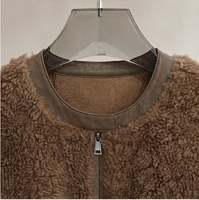 Manteau court en laine pour femme, sur mesure en usine, col rond, fermeture éclair, veste Teddy en laine avec poche en cuir, commande en gros OEM