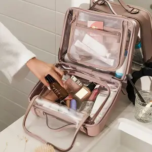 Venda quente claro transparente pvc cosméticos sacos bolsa mulheres couro maquiagem saco organizador