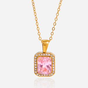 Pink Zircon Pendant Necklace Gold <b>Chain</b> Pave Setting Geometric Square Women's Jewelry Gift Leisure Fashion - Product Image 1