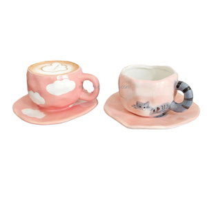 300ml Porcelain Coffee Cup and Saucer Set with Tray Hand-Painted Floral Pink Design Microwave Dishwasher Safe Cute Stylish - Product Image 1
