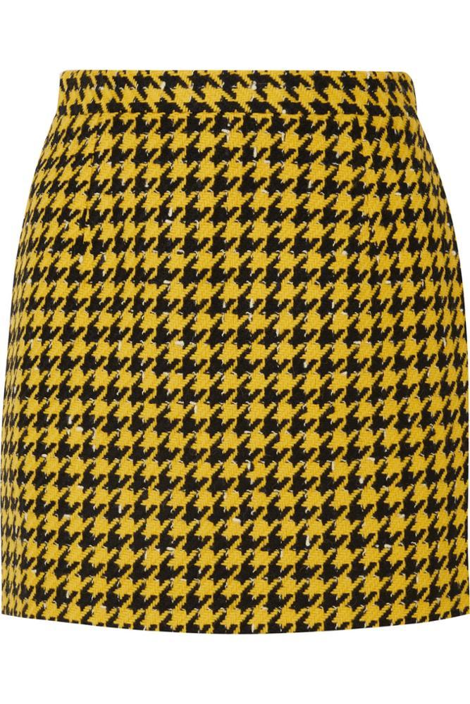 Hiver Automne Costumes Décontractés 2 Pièces Femmes Jaune Houndstooth Laine Tweed Manteau Mini Jupe Ensemble