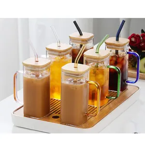 Hot Sale Square Heat Resistant Transparent Coffee Glass Cups Mug With Color Handle