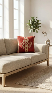 Housse de coussin artisanale style sud-ouest, motif géométrique losanges tribaux, rouge rouille, beige, gris, mélange de coton, décoration bohème pour la maison - Product Image 3
