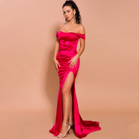 Robe de soirée rouge ADYABY sexy, épaules dénudées, décolleté plongeant, pour mariage, fête ou dîner