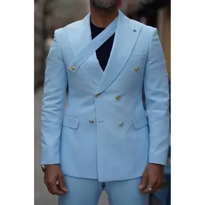 Ternos Sky Blue Terno para Homens Vestuário Daily Outwear Double Breasted Peaked Lapel Blazer Casual 2 Piece(Jacket + Pants) Traje