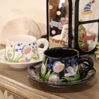 Tasse à café en céramique style rétro avec peinture à l'huile aquarelle, assiette de luxe pour dim sum, vaisselle écologique et tendance