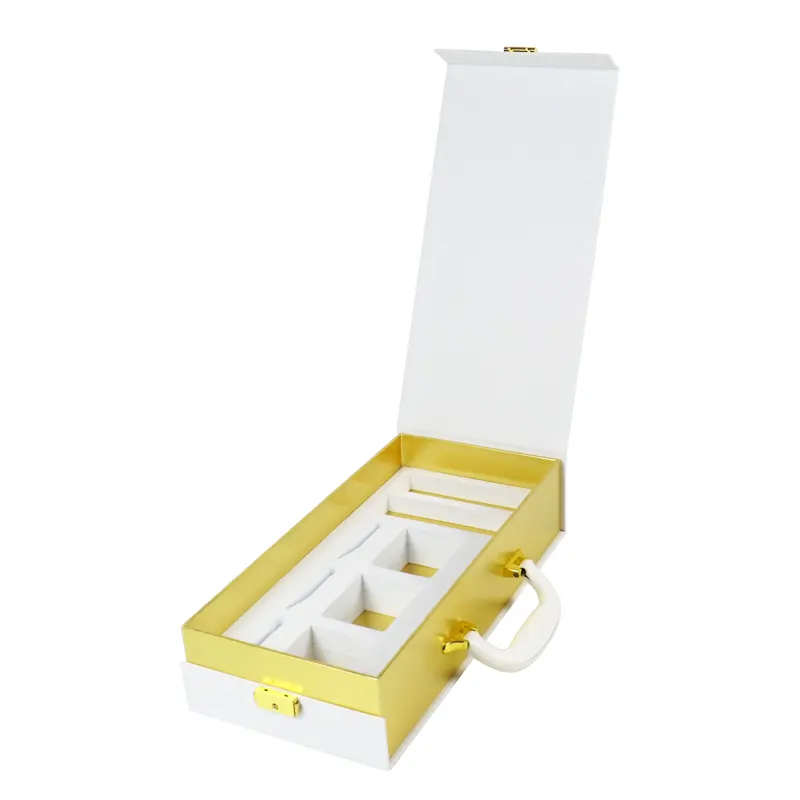 Kotak kemasan Serum perawatan kulit kotak givig hadiah foil emas putih ramah lingkungan berbentuk koper untuk produk kosmetik bisnis kecil