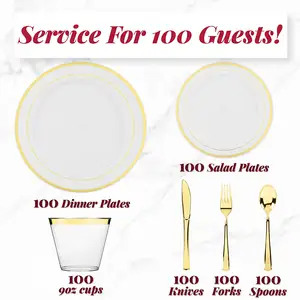 600 peça de Ouro Partido Louça Set 100 de Hóspedes Jantar Salada de Placas De Plástico Placas de Ouro Ouro Conjunto Talheres de Plástico copos