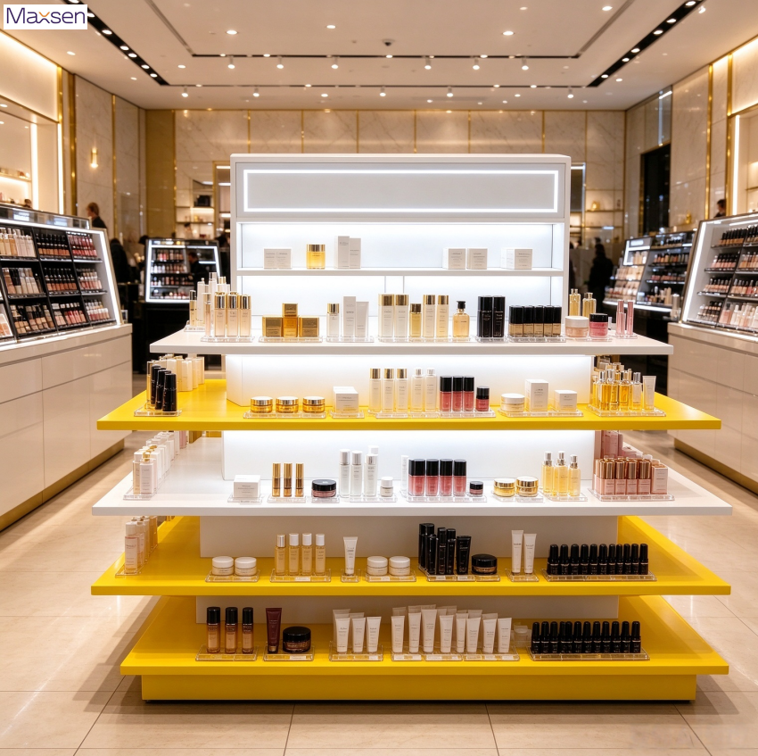 Illuminated Tiered Cosmetic Display Showcase Multi Layer Retail Fixture ...