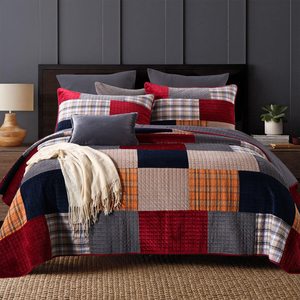 Cotton & Nhung Quilt Vua Kích Thước Thiết Lập, Màu Đỏ, Màu Đen Khăn Trải Giường Chắp Vá Có Thể Đảo Ngược Trọng Lượng Nhẹ Bộ Đồ Giường - Product Image 1