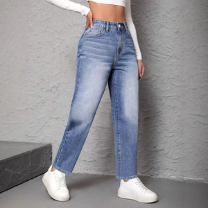 Jeans de Pierna Recta Azul Claro para Mujer Talla Grande, Alta Elasticidad, Lavado Medio, Estilo Casual, Mercado de Europa, América y África - Product Image 3
