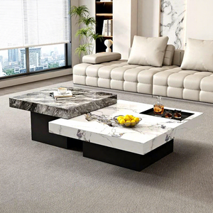Mesa de Centro Cuadrada Contemporánea con Cajones, Acabado de Mármol Brillante de Alta Gama, Mesa de Café para Sala de Estar de Apartamento Moderno. - Product Image 4